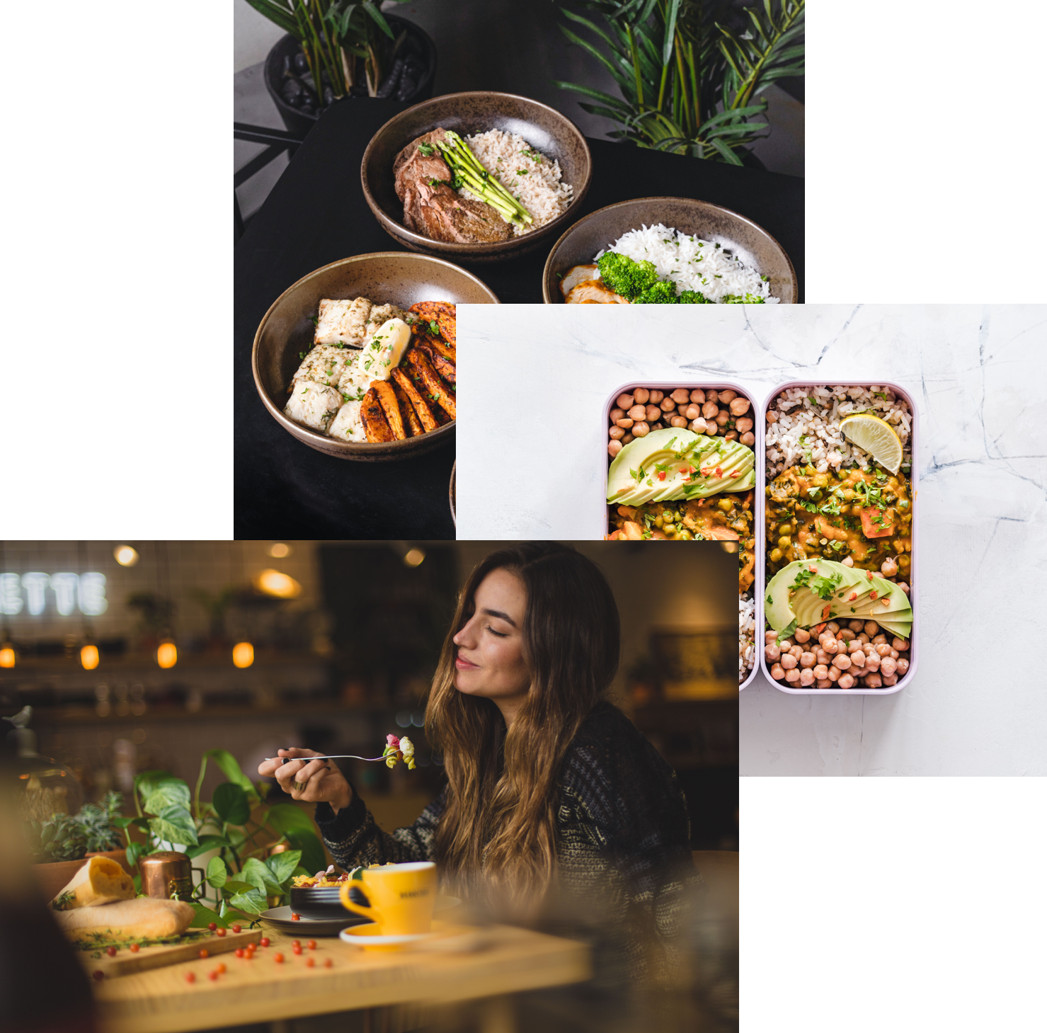 Woman enjoying food, 
                meals in storage container, 
                and food bowls on a table